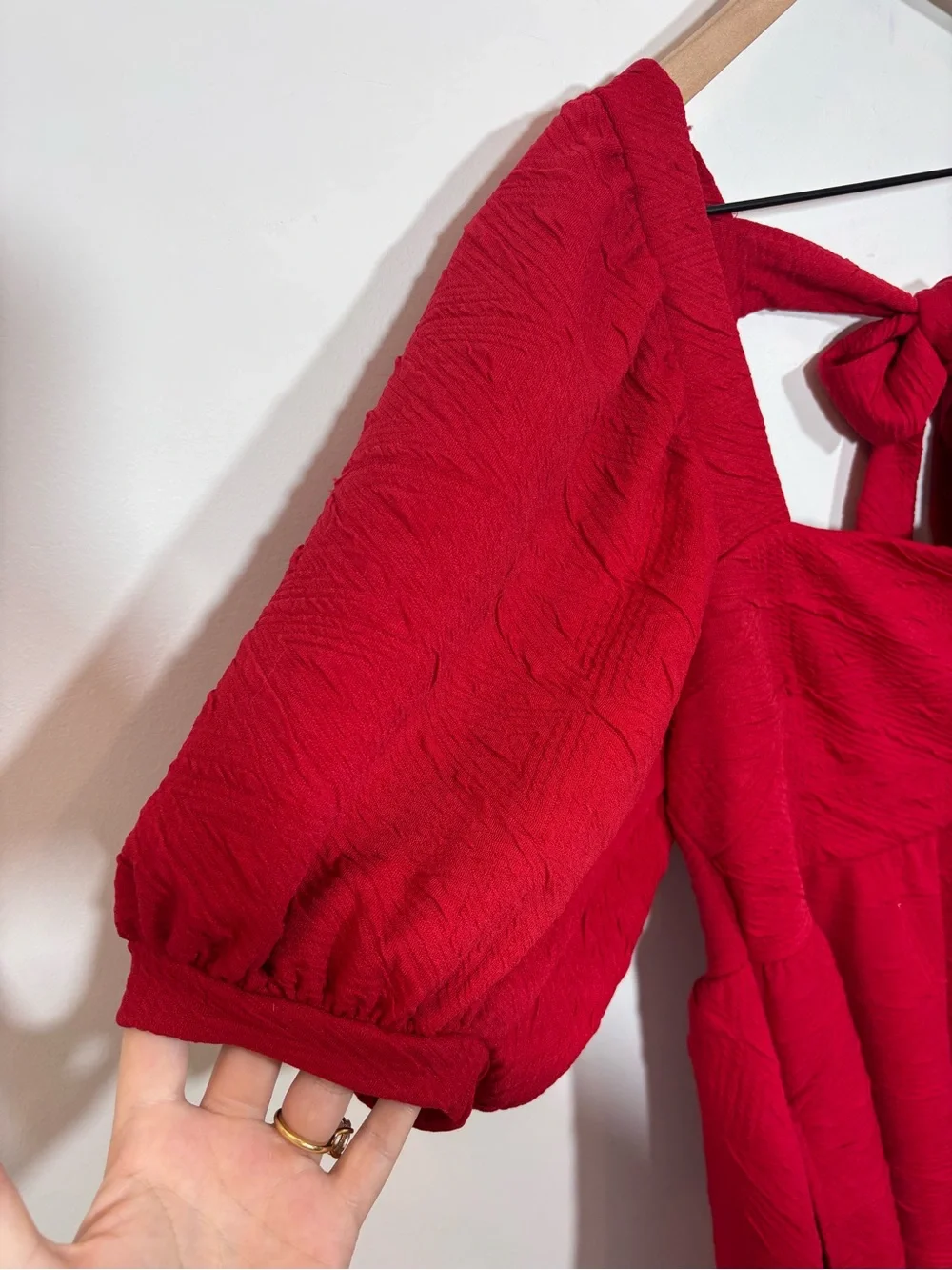 FREE PEOPLE Violet Mini Dress Textured Red Medium Puff Sleeve Tie Back Babydoll